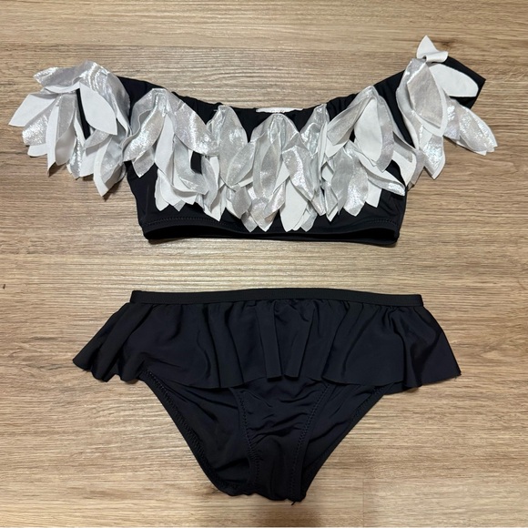 Stella Cove Black and Metallic Silver Feather Kids Swim Bikini - Picture 1 of 6